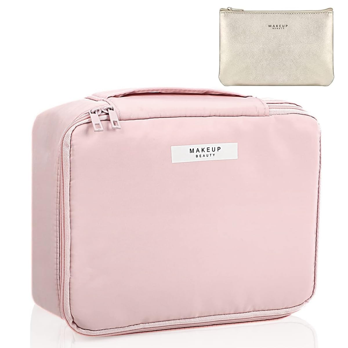 MAYCREATE Cosmetic Organizer Bag for women, Capacity Travel Makeup Pouch for Women Toiletry Bag for Girls Traveling With Handle and Divider, Pink MAYCREATE Cosmetic Organizer Bag for women, Capacity Travel Makeup Pouch for Women Toiletry Bag for Girls Traveling With Handle and Divider, Pink